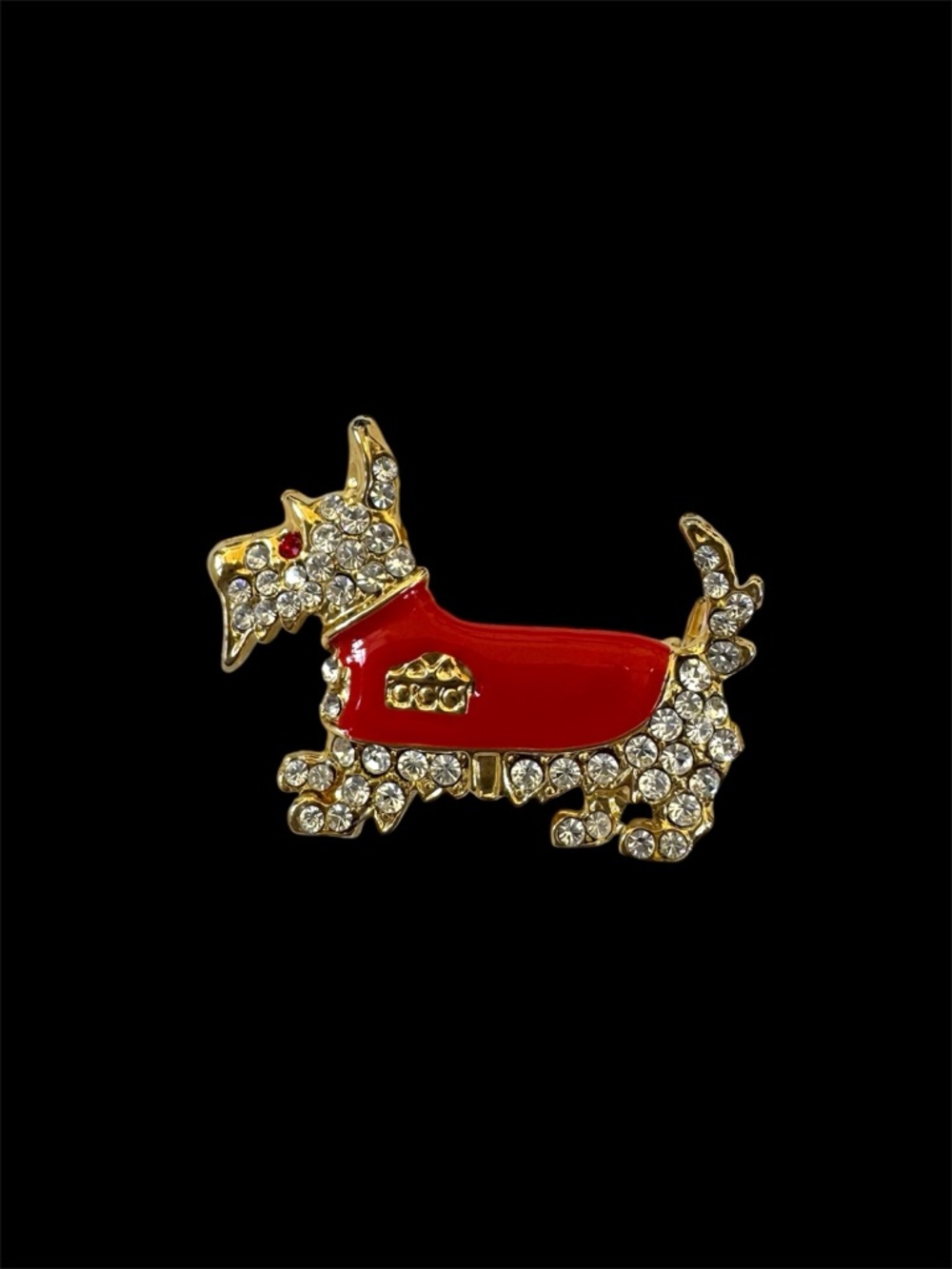 Brooch - Scottie Dog. Gold Tone with Red Enamel and Clear Rhinestones. Like New! - Picture 2 of 11